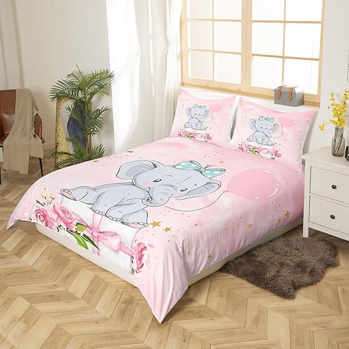 Miniatura 2 de Juego de ropa de cama Kawaii con elefantes para niñas, funda de edredón rosa en acuarela para adolescentes, funda de edredón con patrón de estrellas