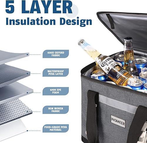 Miniatura 5 de INSMEER Bolsa térmica aislada para 65 latas32 latas, bolsa enfriadora grande con correa para el hombro, enfriadores portátiles plegables a prueba de