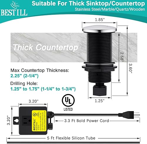 Miniatura 5 de BESTILL Kit de interruptor de aire para eliminación de basura con salida única, botón largo cromado con cubierta de latón, listado UL