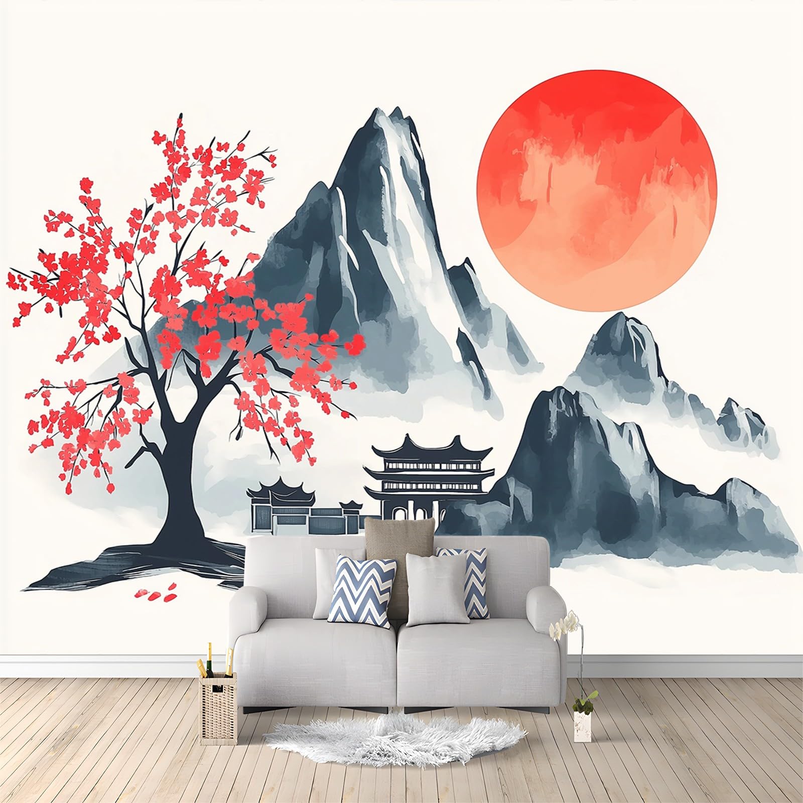 Papier peint montagne d'encre orientale grand format intissé bleu