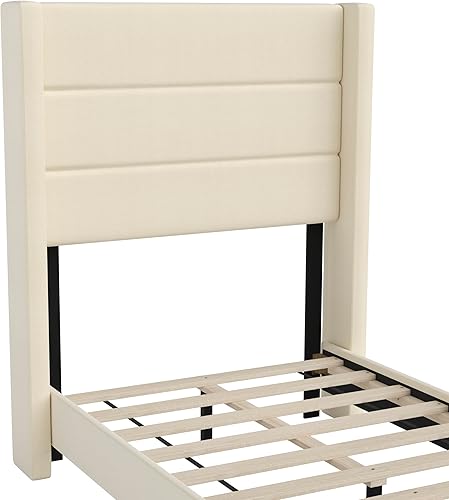 Miniatura 9 de EMMA + OLIVER Holt Modern - Cama de plataforma - Tapicería de lino sintético beige - Individual - Cabecero con respaldo copetudo - Sistema de