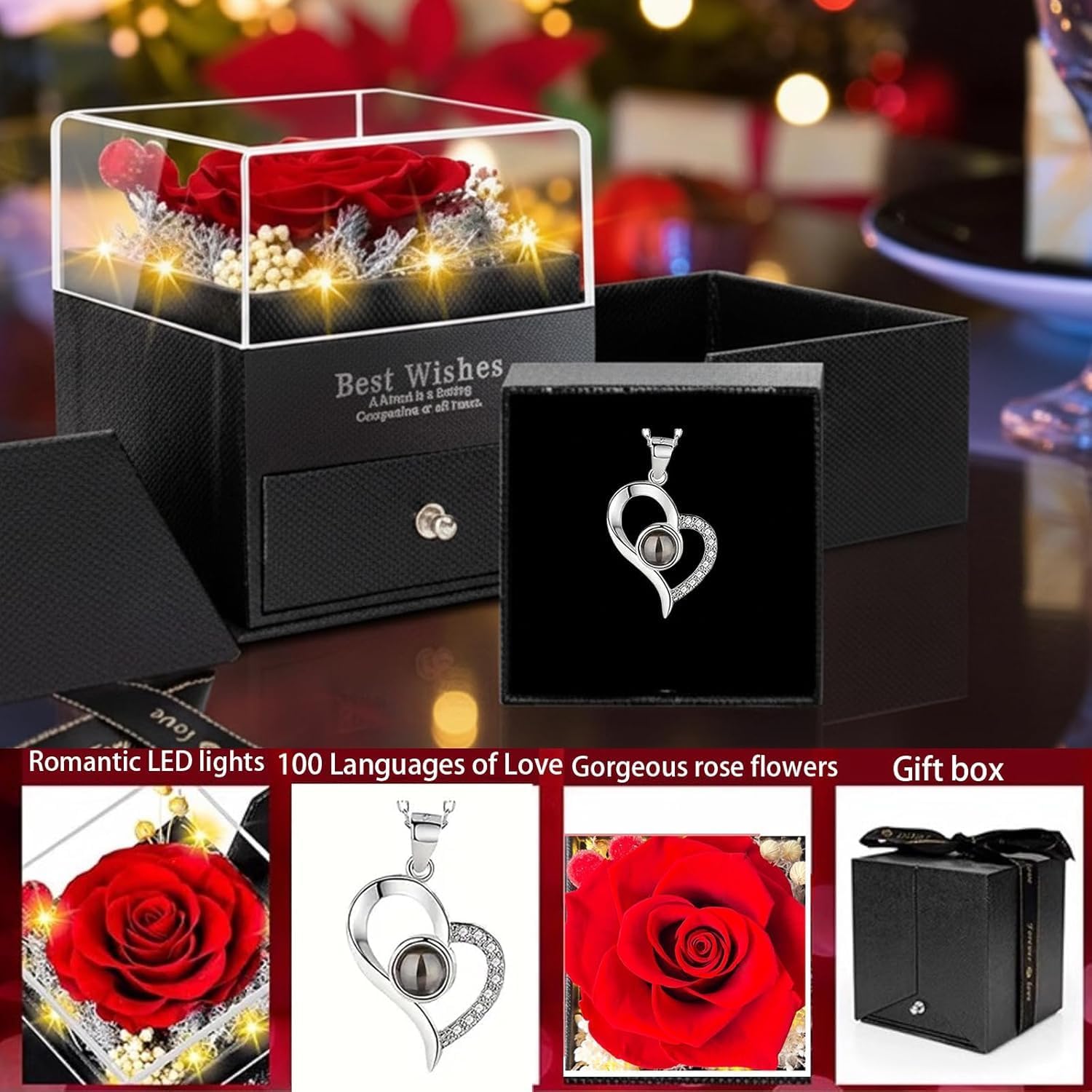 Preserved Real Rose with Heart Necklace I Love You in 100 Languages,Romantic Valentine's Day Gifts for Her, Christmas Gifts for Wife, Mother's Day, Birthday Gifts，Anniversary Gifts for Girlfriend