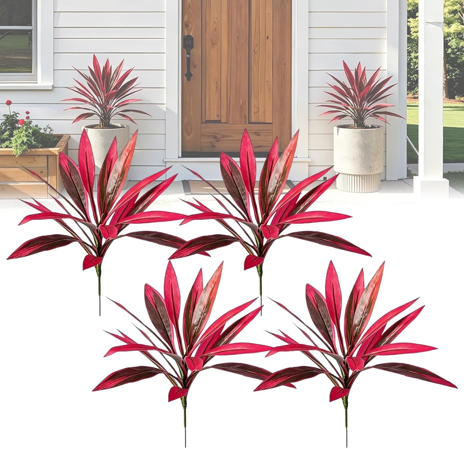 Artificial Ti Plant, 2 PCS Large Artificial Boston Fern & Dragon’s Blood Tree Plants, UV Resistant Fake Plant with Ground Stakes for Home Office Living Room Bathroom Indoor Decor (8pcs)