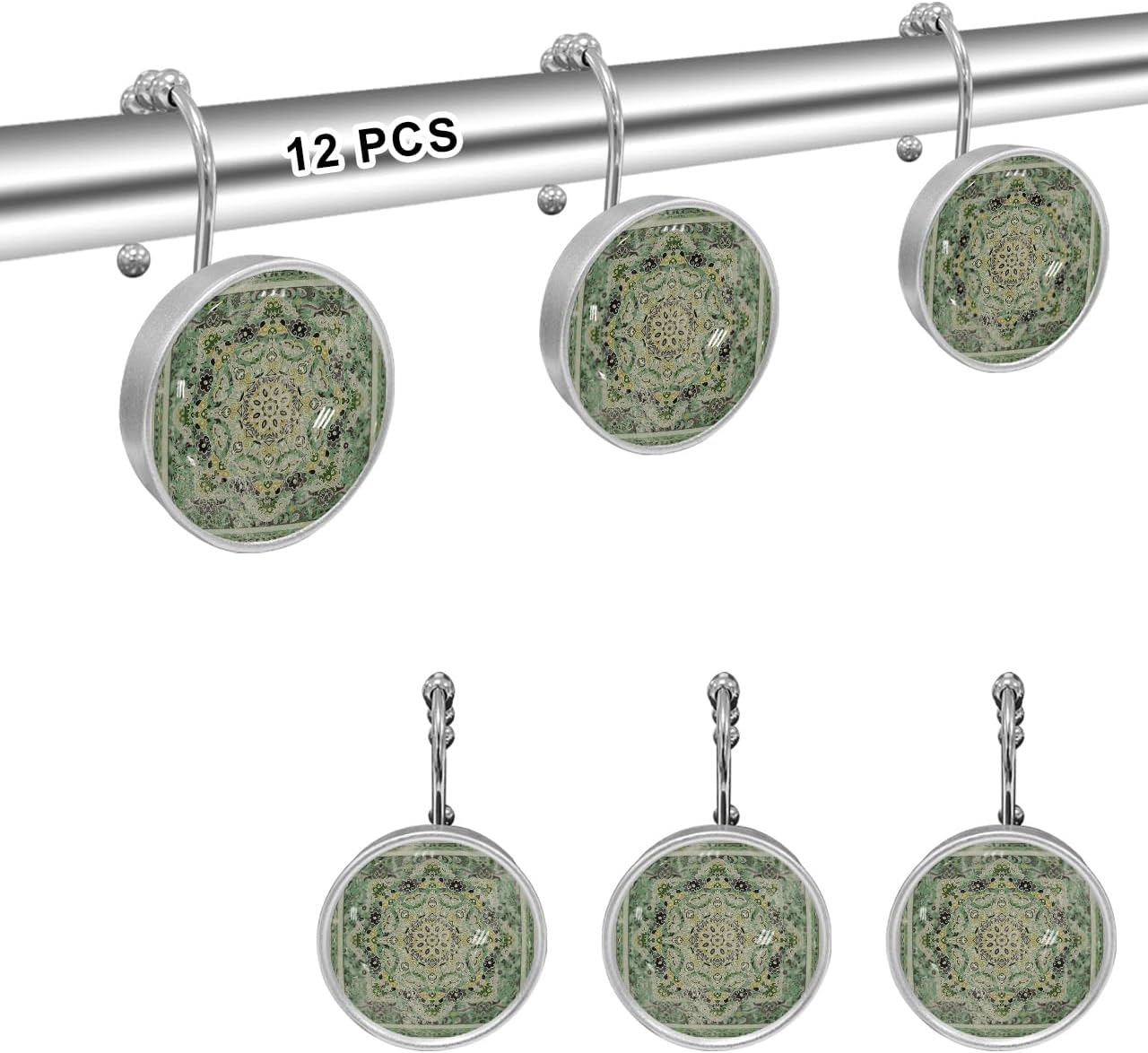 Turkish Pattern Shower Curtain Hooks, Medieval Vintage Mural Wallpaper 12PCS Shower Curtain Hooks Rings for Bathroom Stainless Steel Rust Resistant Shower Curtain Hangers