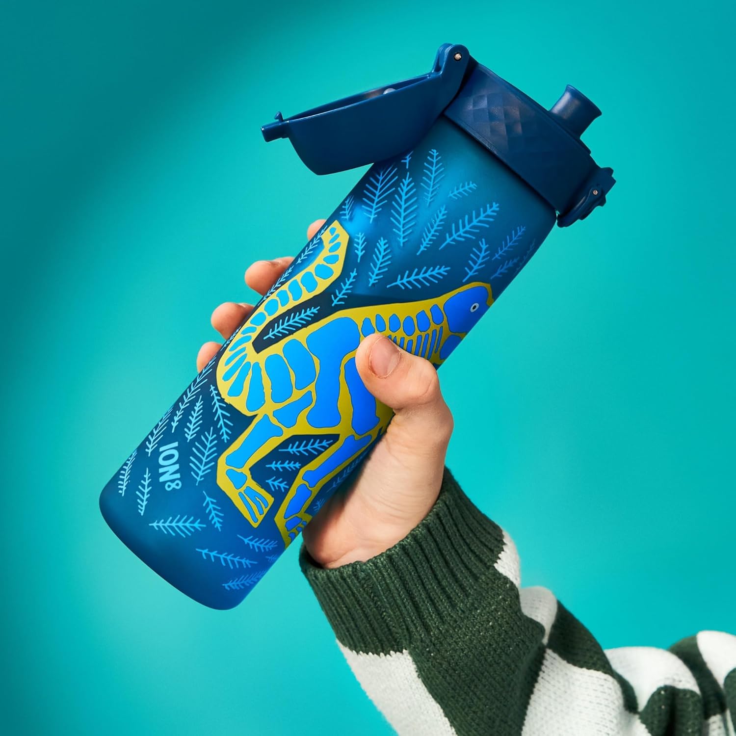 ION8 Water Bottle, 500 ml/18 oz, Leak Proof, Easy to Open, Secure Lock, Dishwasher Safe, BPA Free, Hygienic Flip Cover, Carry Handle, Easy Clean, Odor Free, Carbon Neutral, Deep Teal, Dinosaurs Design - Image 3