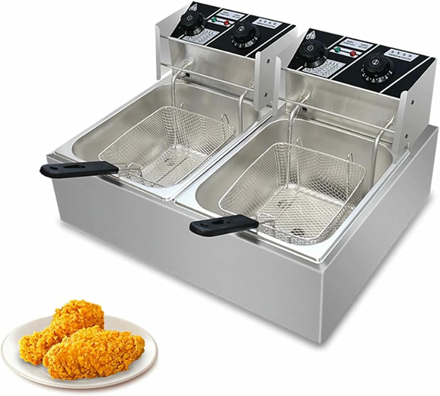 Commercial Fat Fryer Basket Dual Tank Electric Countertop Deep Fryer with Easy-Assembling Solid Basket, Removable Oil Container, 5000W Stainless Steel Commercial Deep Fry~/