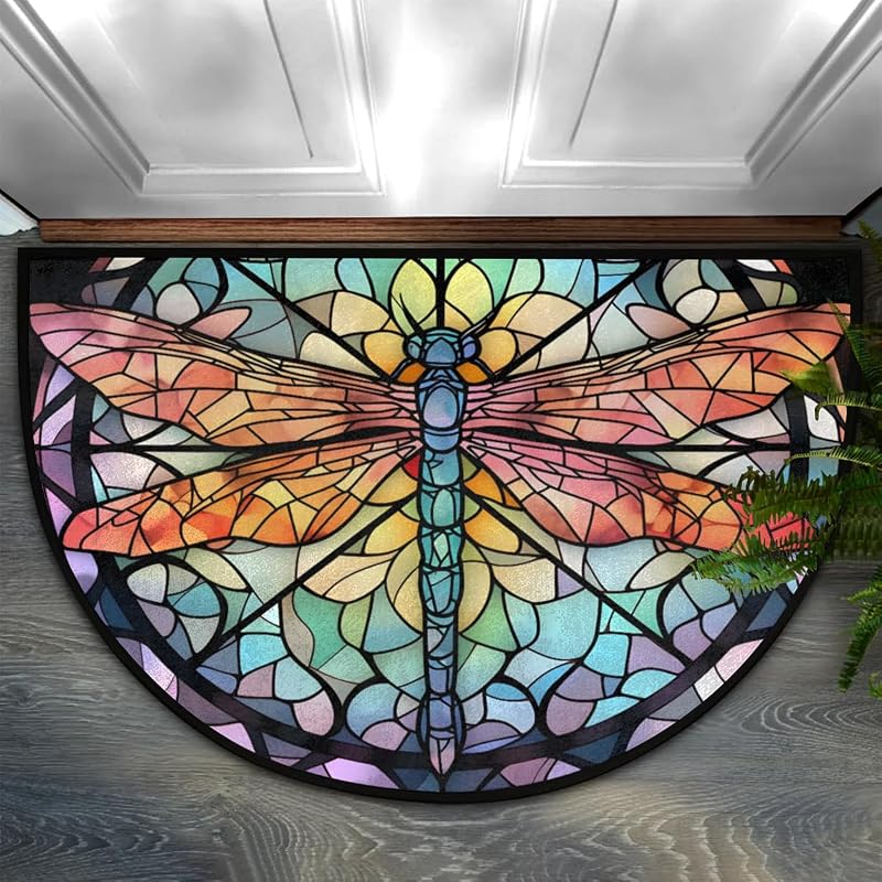 Dragonfly Colorful Stained Glass Half Round Door Mat Non-Slip Soft Doormats for Home Indoor Outdoor Entrance Bath Carpet Area Rugs for Home Dining Living Room Bedroom 36" X 24"