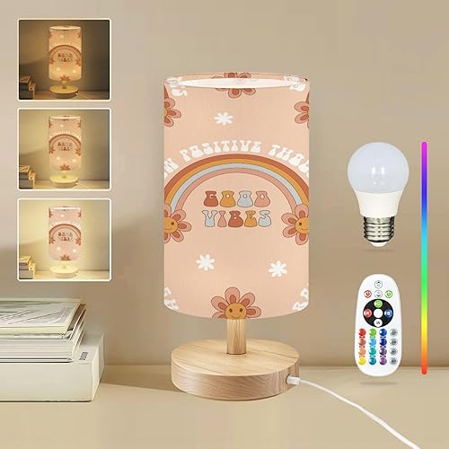 Lámpara de mesa redonda para dormitorio, retro de los años 70, 60, hippie, flor, arcoíris, floral, margarita, feliz sonrisa, al lado, lámpara de