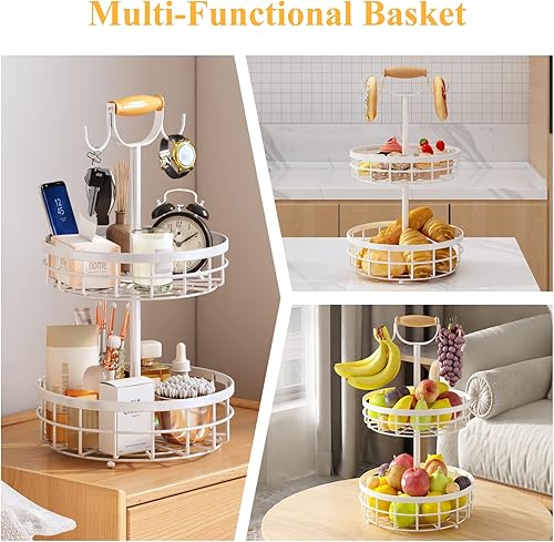 Miniatura 4 de SAYZH Cesta de frutas de 2 niveles con soporte doble para árbol de plátano y mango de elevación de madera, cesta de alambre de metal para encimera