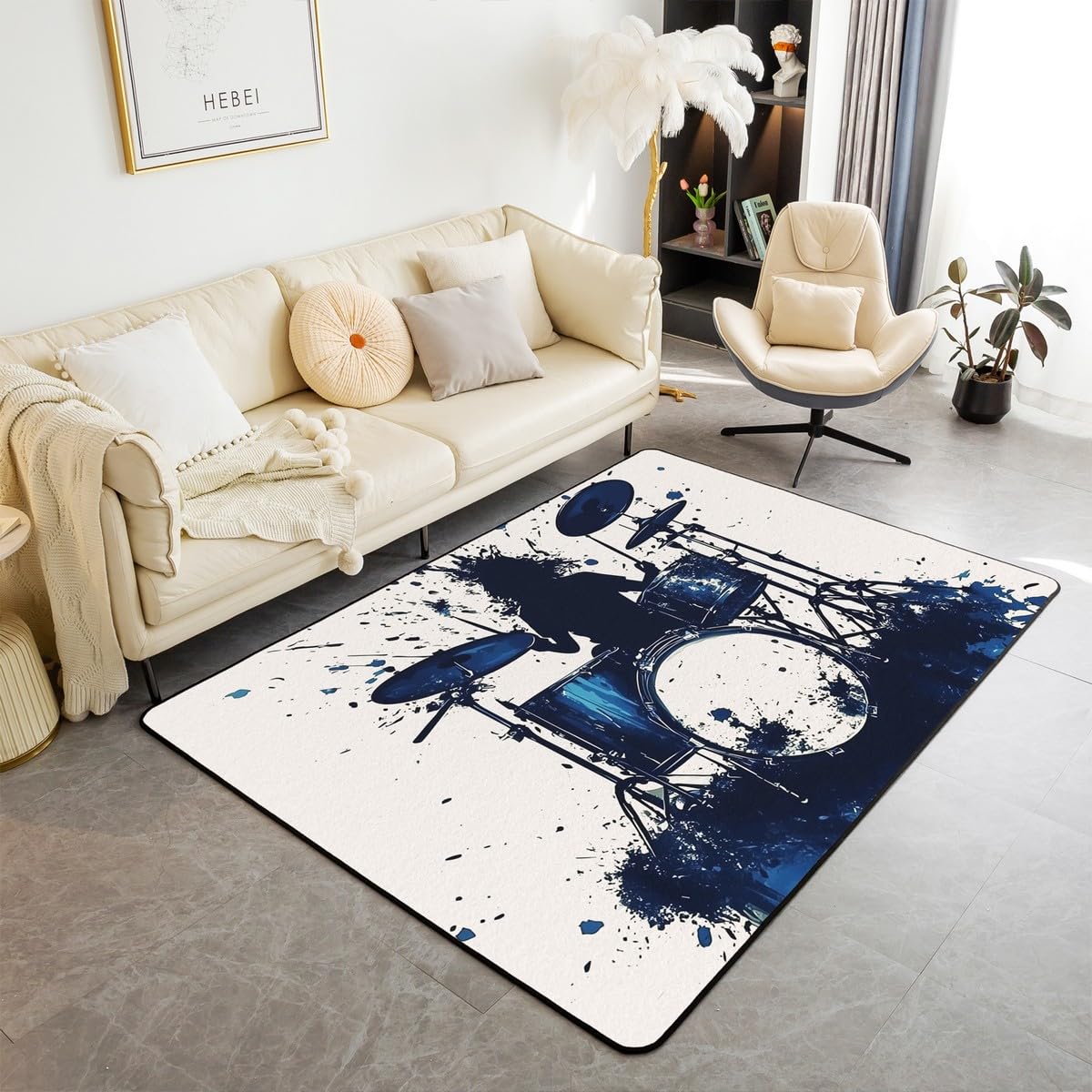 Homewish Tapis Salon 100x150cm Instrument de Musique Pop,Tapis Chambre Kit de Tambour Rock,Tapis Sol Style Glitter Bleu,Décoration D'Intérieur Enfants Garçons Filles Amateurs de Musique Roll