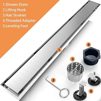 36 Inch Linear Shower Drain Silver Floor Drain for Bathroom Kitchen Rectangular 2 in 1 Floor Drain Tile Insert Cover 304 Stainless Steel Easy Install with Hair Strainer, Adjustable Leveling Feet