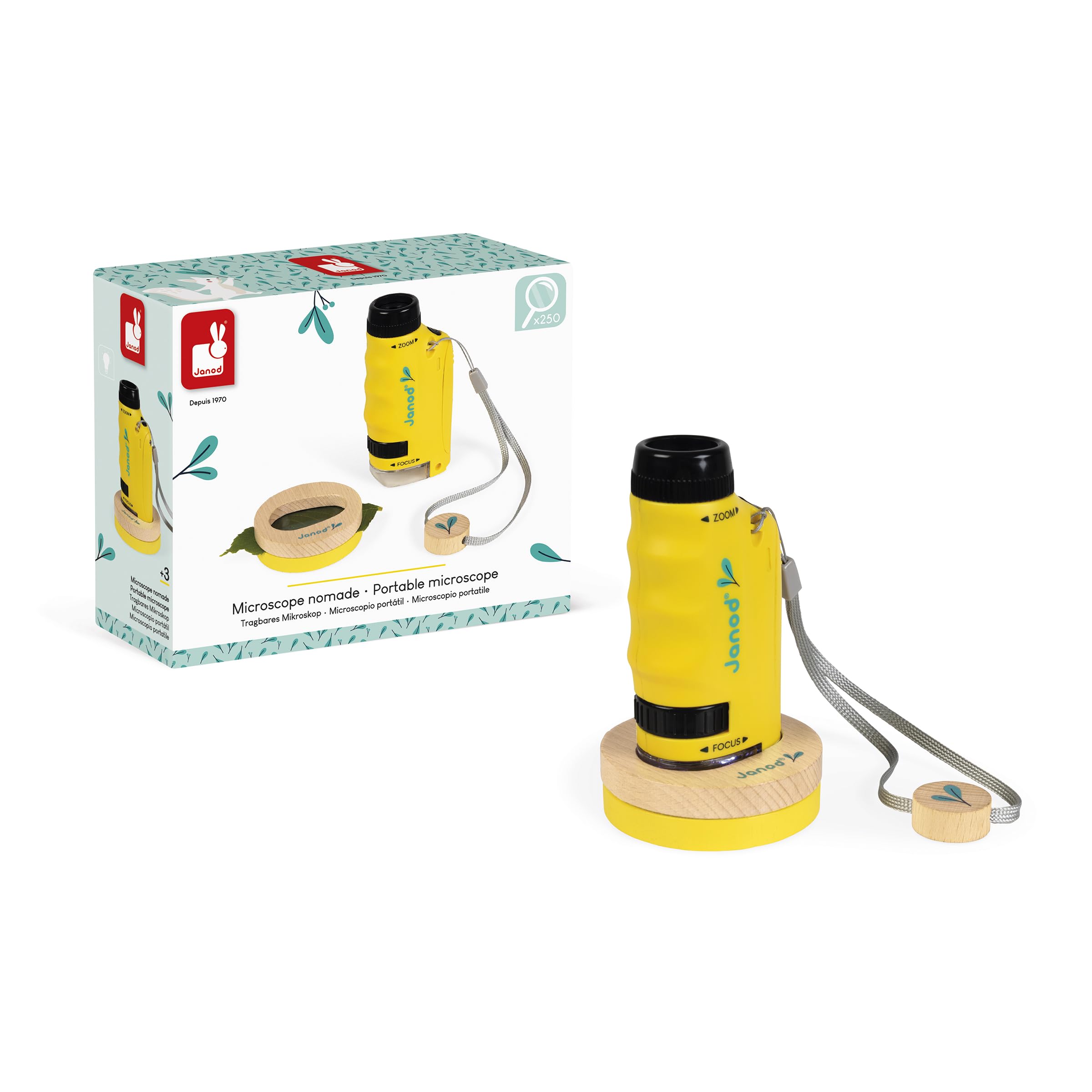 Janod - Microscopio Tascabile Nomade per Bambini - Ingrandimento 50x-​250x + Supporto in Legno - Concepito per Scoprire la Natura e Il Giardino - dai 3 Anni