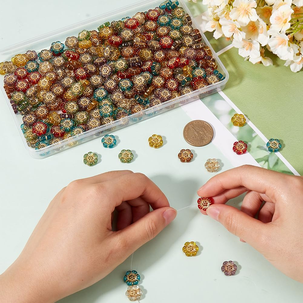 SUNNYCLUE 1 Box 300Pcs Czech Flower Bead Acrylic Bohemian Beads Mix Vintage Colorful Assorted Metal Enlaced Gold Plating Cherry Blossom Floral Spacer Bead for Jewelry Making Necklace Earring DIY Craft - Image 3