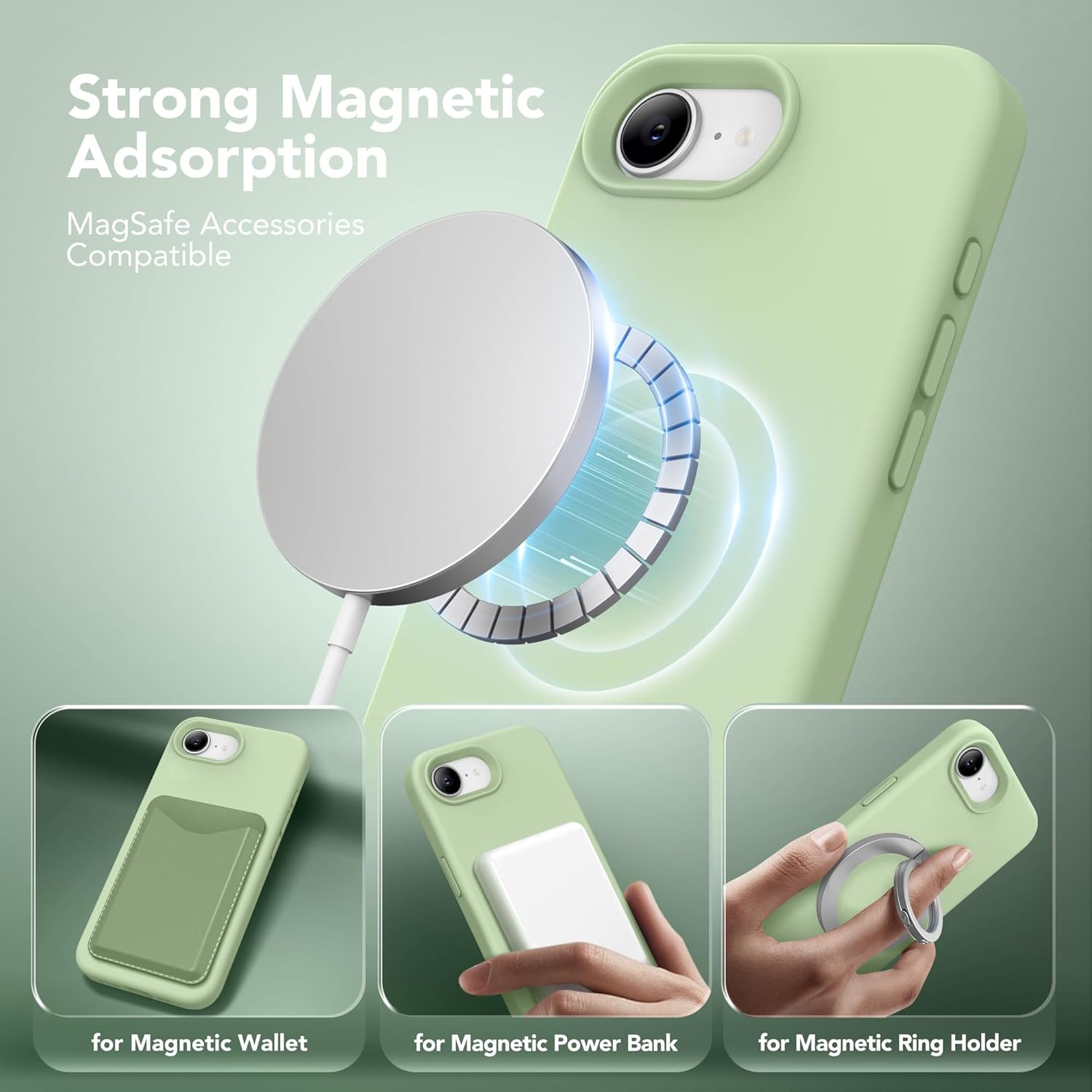 magnetic for iphone 17e/iphone 16e case, compatible with magsafe, [soft anti-scratch microfiber lining] slim silicone shockproof protective phone case for iphone 17e/16e 6.1", matcha matcha iphone 17e/16e