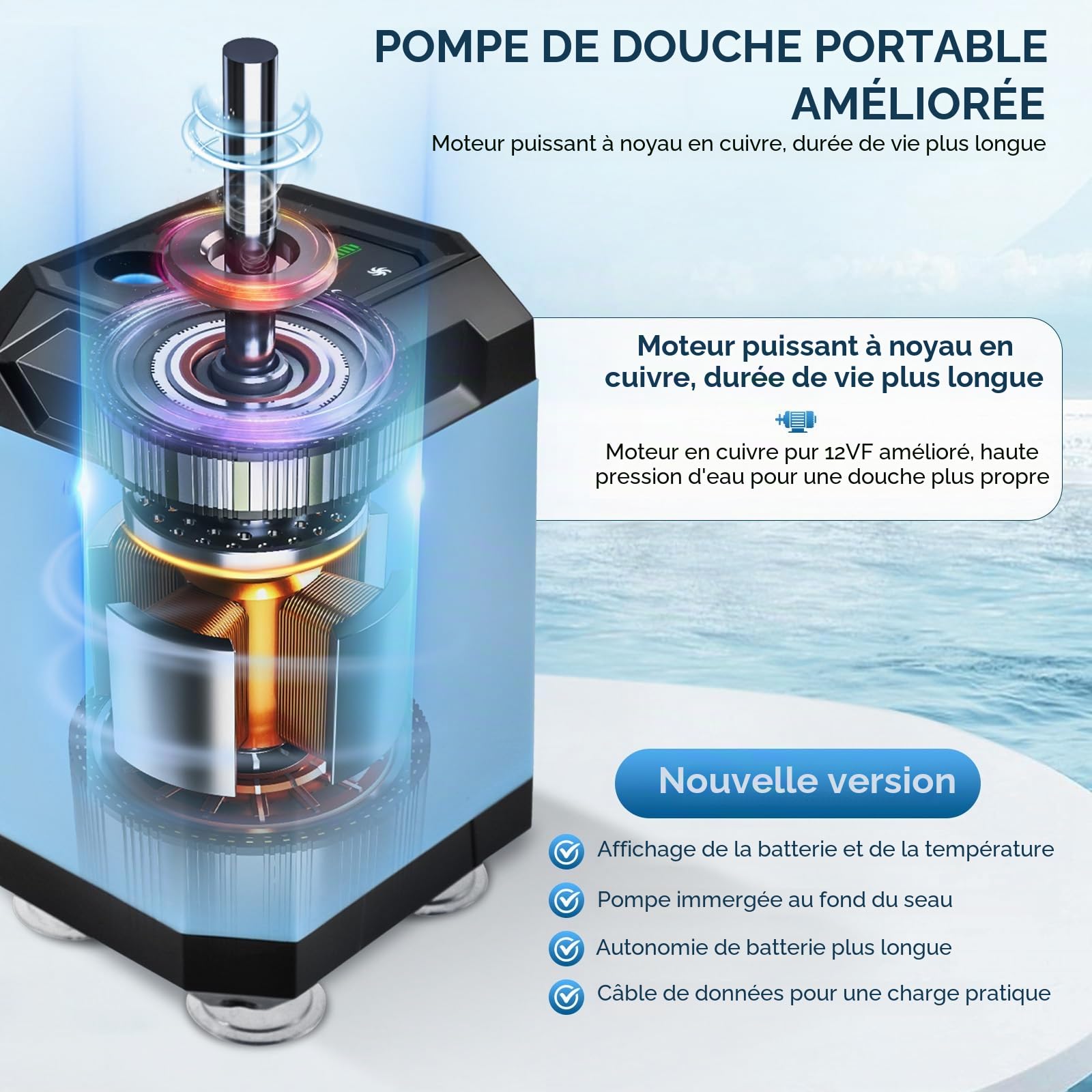 Douche de camping portable - Batterie avec pompe - Fonction stérilisation - 5400 mAh - Rechargeable - Avec pommeau de douche et tuyau de 2 m - Affichage de la température et de la puissance - Pour