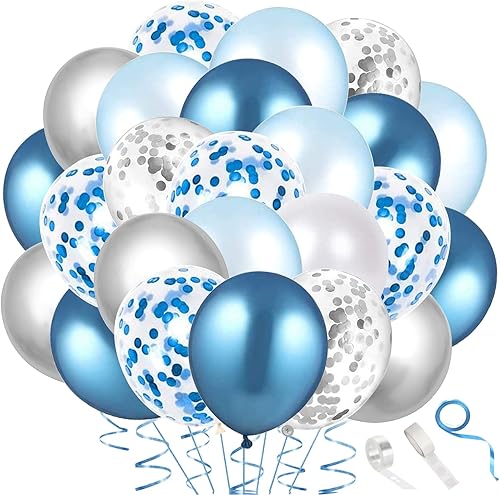 60 globos de confeti azul plateado y blanco de 12 pulgadas, globos de color blanco azul claro, globos plateados metálicos, globos de confeti