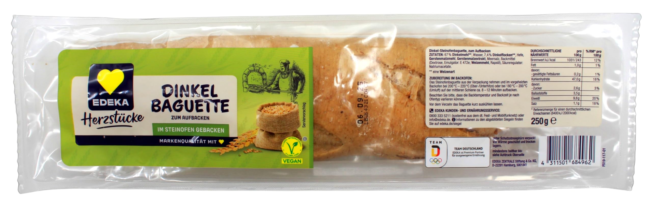 Herzstücke Dinkel Baguette zum Aufbacken, 6er Pack (6 x 250g)