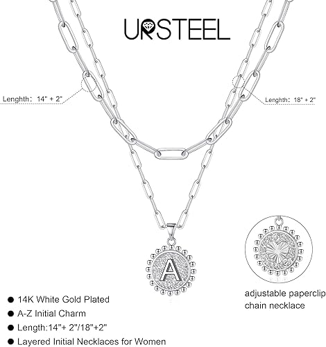 Miniatura 5 de Ursteel - Collares con iniciales en capas para mujer, chapado en oro de 14 quilates, delicado collar de cadena con clip en capas, con dije de moneda