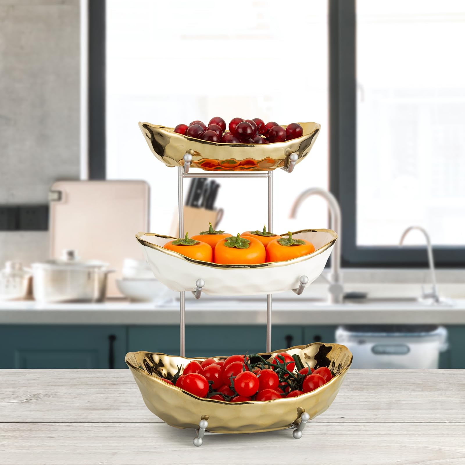 GENDLTHIJ Fruit Bowl for Kitchen Counter, 3 Tier Ceramic Serving Bowls with Metal Stand, Tiered Fruit Basket for Fruit Vegetable Storage, Snack, Bread Candy, Nuts, Cake, Dessert (Gold)