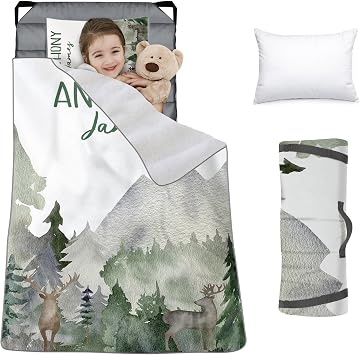 Custom Toddler Nap Mat for Preschool, Personalized Name Slumber Bags with Animals for Kids Daycare, Roll Up Sleeping Mats with Flannel Blanket & Removable Pillow for Boys Girls