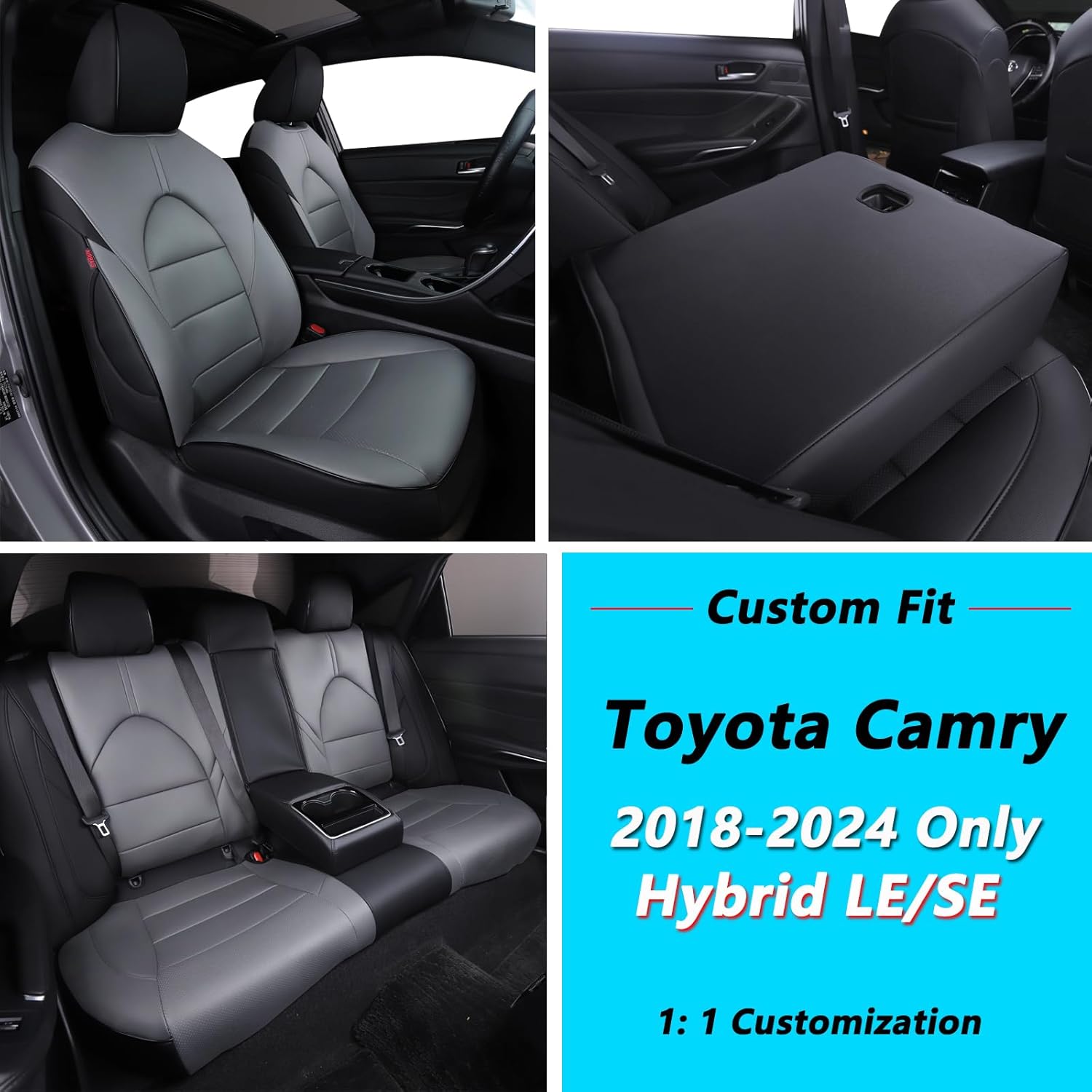 HKZ Camry Seat Covers for Toyota Camry Hybrid LE,Hybrid SE 2018 2019 2020 2021 2022 2023 2024,Leather Car Seat Cover -Custom Fit 5-Seats Full Set,Black+Grey