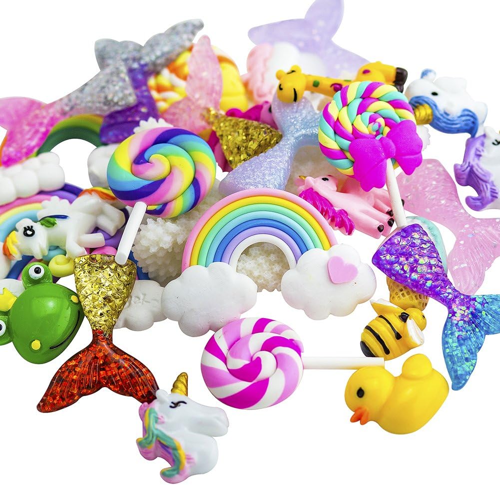 Slime Charms Beads Supplies Set 30pcs Craft Buttons Assorted Mermaid Tail Rainbow Lollipop Animals Resin Flatback for Craft Making, Ornament Scrapbooking DIY Crafts