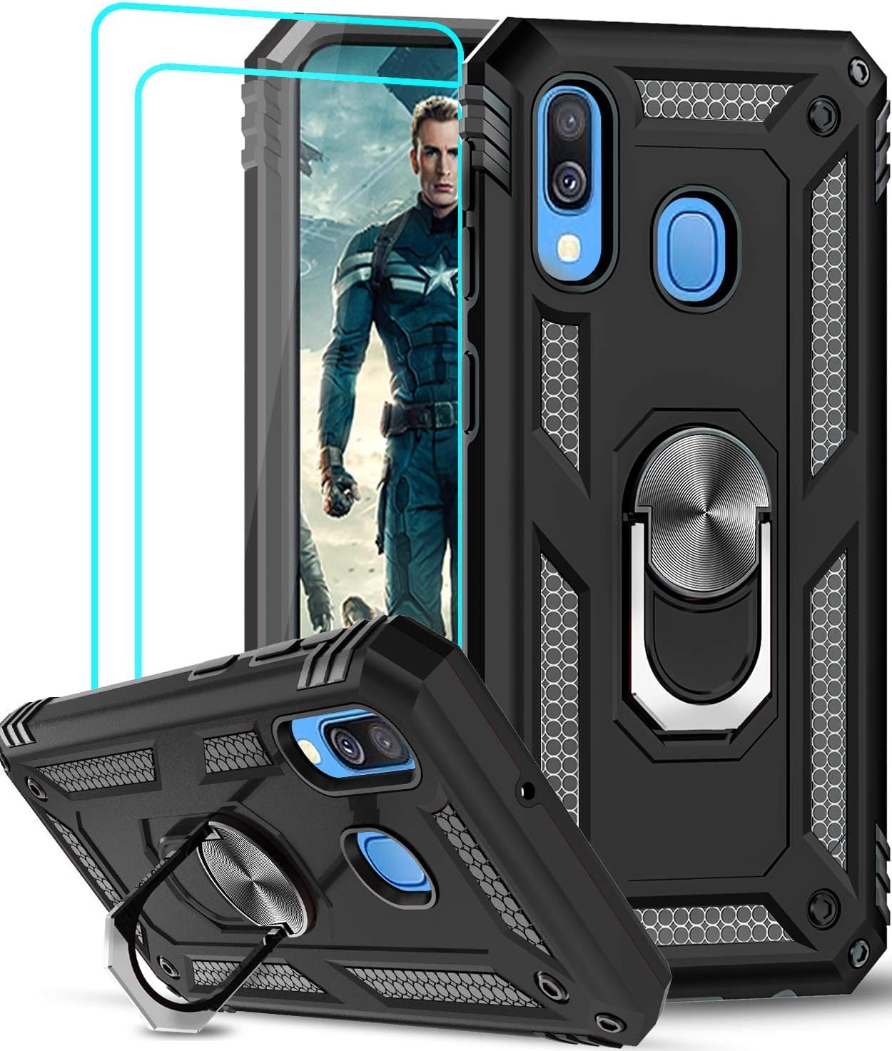 LeYi Case for Samsung Galaxy A40 [2 Pcs Tempered Glass Screen] Ring Stand, Military Double Layer Reinforced Defense Bumper TPU Silicone Shockproof Armor Protection Case Cover Samsung A40 Black