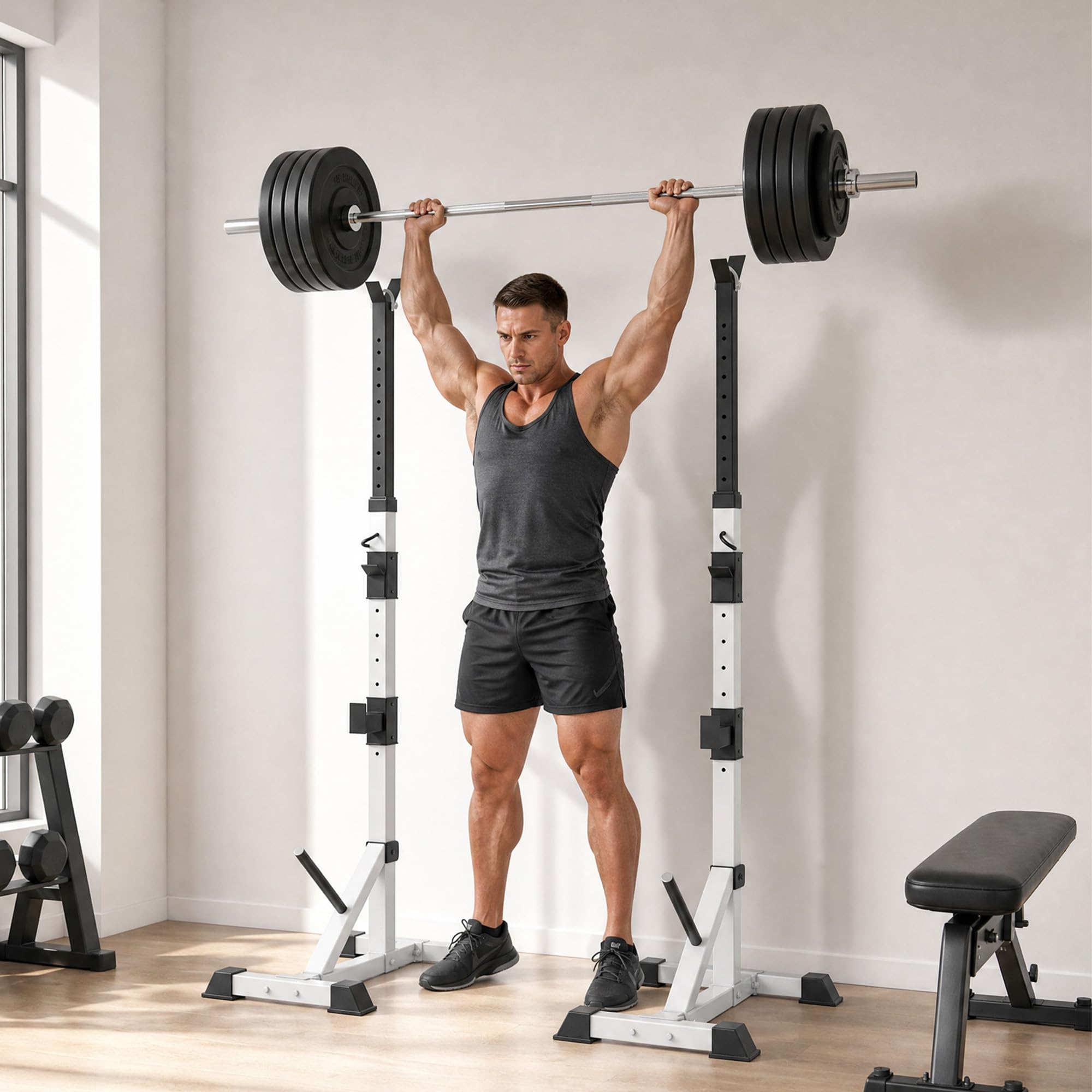 HOMCOM Soporte para Barras de Pesas Altura Ajustable 200 kg Plata Negro | Rack Musculación, Marco de Acero, para Entrenamiento en Gimnasio Casa