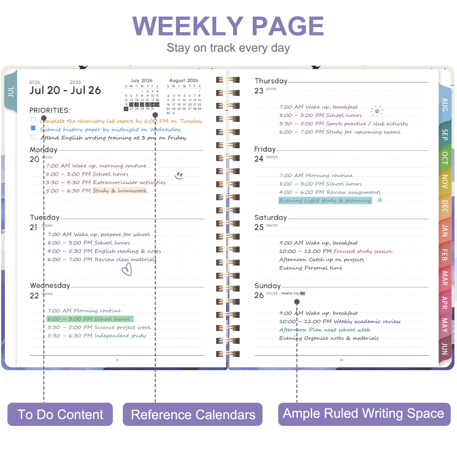 Planner 2026-2027, calendario accademico settimanale e mensile, da luglio 2026 a giugno 2027, agenda giornaliera per ufficio e scuola, formato lettera (21,9 x 27,9 cm)