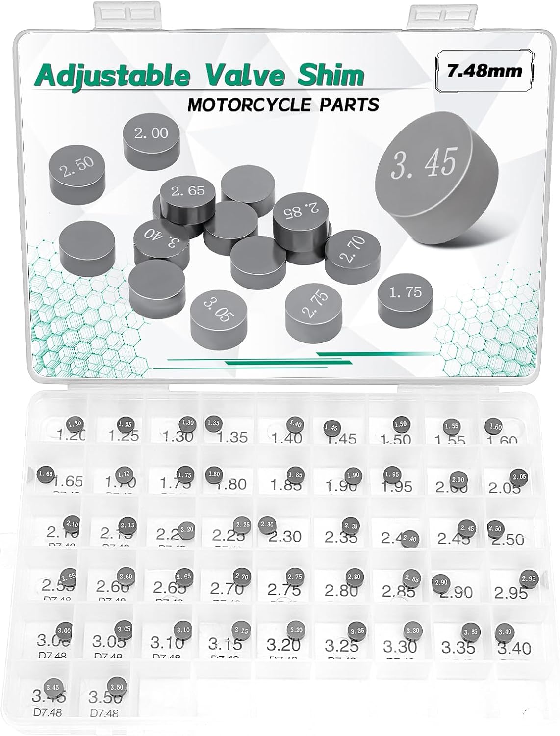 7.48mm Adjustable Valve Shim Kit O.D. 1.20mm-3.50mm Thick Compatible with Honda CRF250X 2004-2017/Kawasaki Ninja ZX-7R 1991-2003 (47PCS)