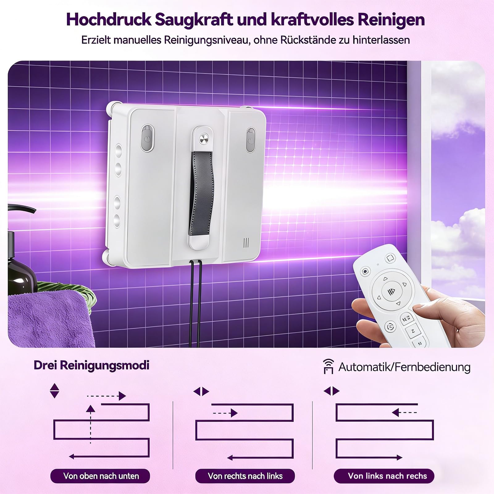 Holilo W54D Robot Lave Vitres avec 8 Buses Et Puissance D'aspiration,Télécommande, 3 Modes de Nettoyage, Navigation Intelligente, 5000Pa, 200ml, pour Un Entretien Efficace des Vitres - 4