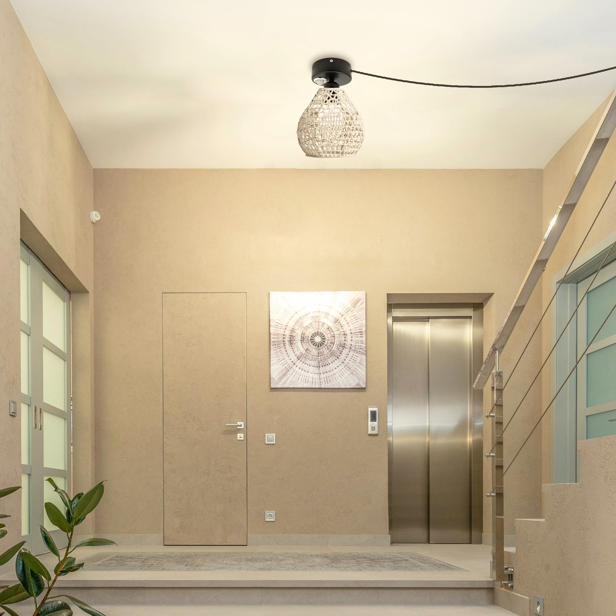 Lampada da soffitto con sensore di movimento interno, stile boho rattan, lampada da soffitto radar, sensore di movimento con cavo da 4,5 m e portalampada E27, per corridoio, bagno, scale,