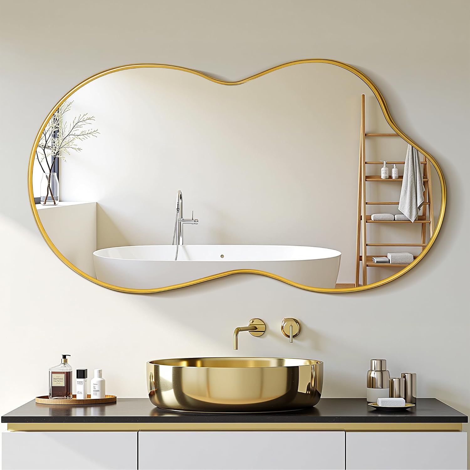 Photo 1 of  Suidia Irregular Wall Mirror, 36"x24" Bathroom Mirror Asymmetrical Mirrors Artistic Mirrors Decorative for Living Room Bedroom Bathroom Hallway Entryway, Gold, Cloud Style 