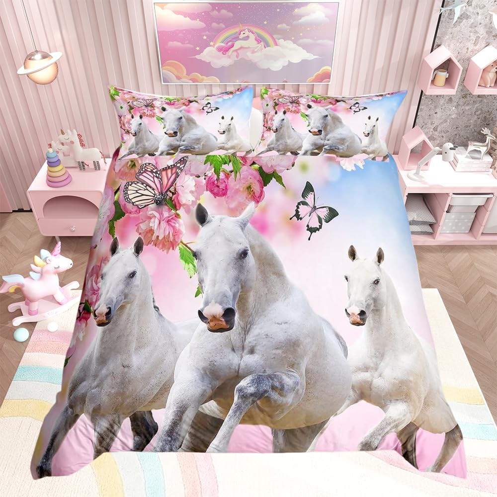 Loussiesd Super King Girl Horse Bedding Set Children Pink Flowers White Pegasus Duvet Cover Cherry Blossom Butterfly Comforter Cover Set 3D Wildlife Bedroom Decoration