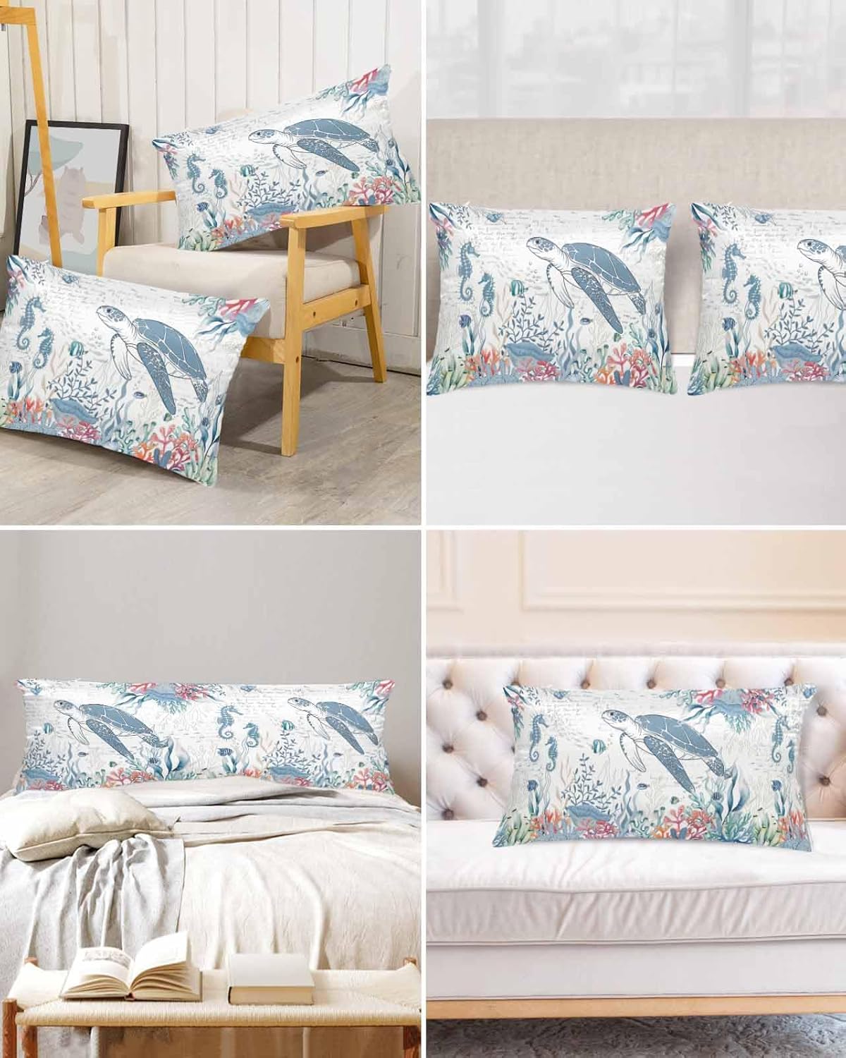 Coastal Turtle Pillow Cases Cal King Size, Summer Beach Nautical Smooth Satin Pillowcase for Hair and Skin, Ocean Coral Seahorse Decorative Cooling Bed Pillow Covers, 20x40 Inches