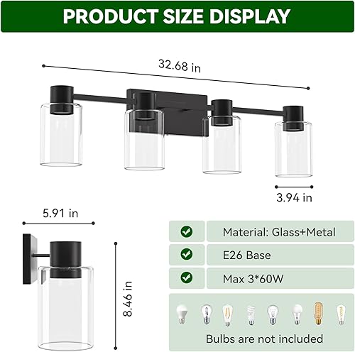 Miniatura 3 de Lámparas de tocador modernas de 4 luces sobre el espejo, lámparas de baño negro mate, luces de tocador, aplique de pared con pantalla de vidrio