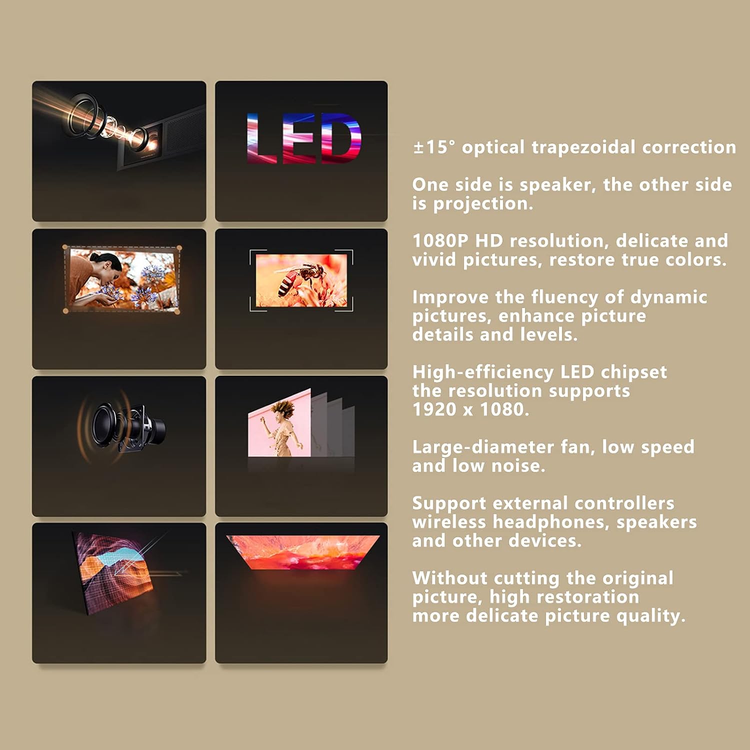 Diagram illustrating key features of the T10 projector including 1080P HD resolution, LED chipset, low noise fan, and Bluetooth support.