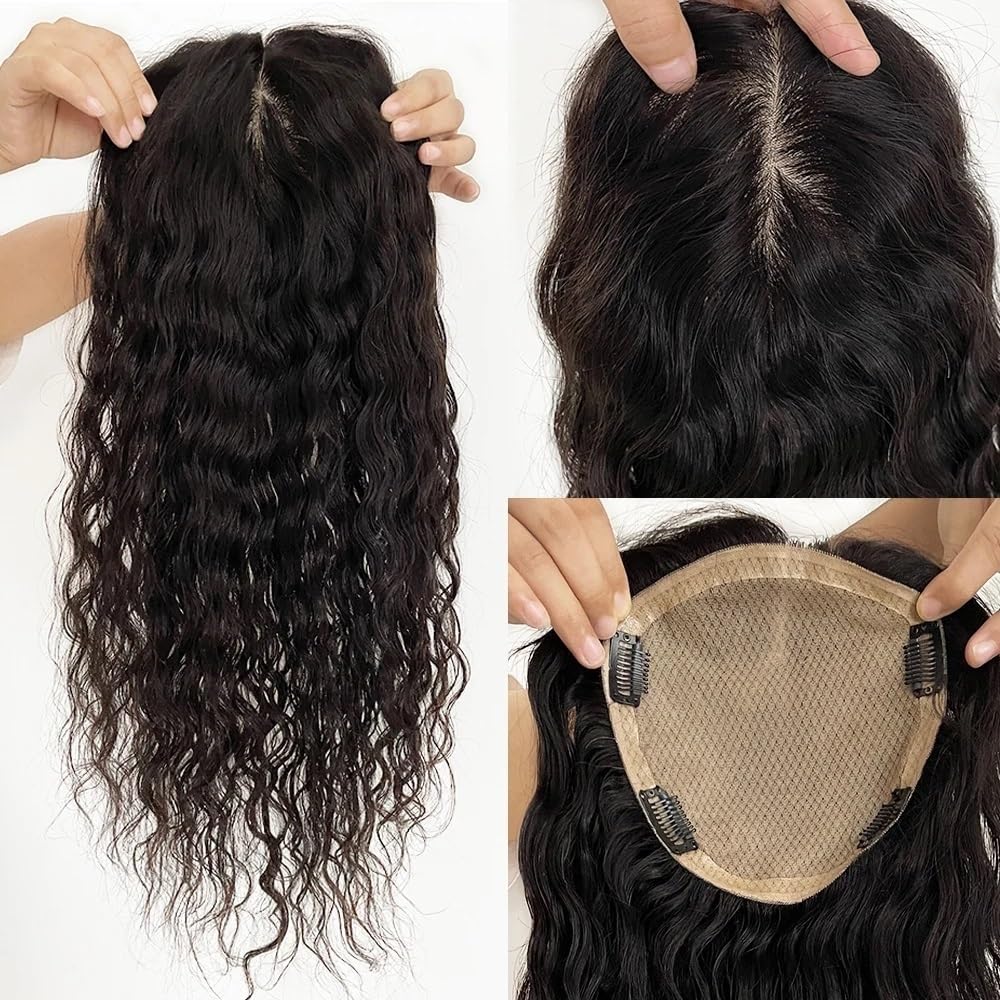 Haarteile for Frauen, natürliches Schwarz, 14 x 16 cm, Seidenbasis, Echthaar, gewellte Perücken mit Clips(12 inch)