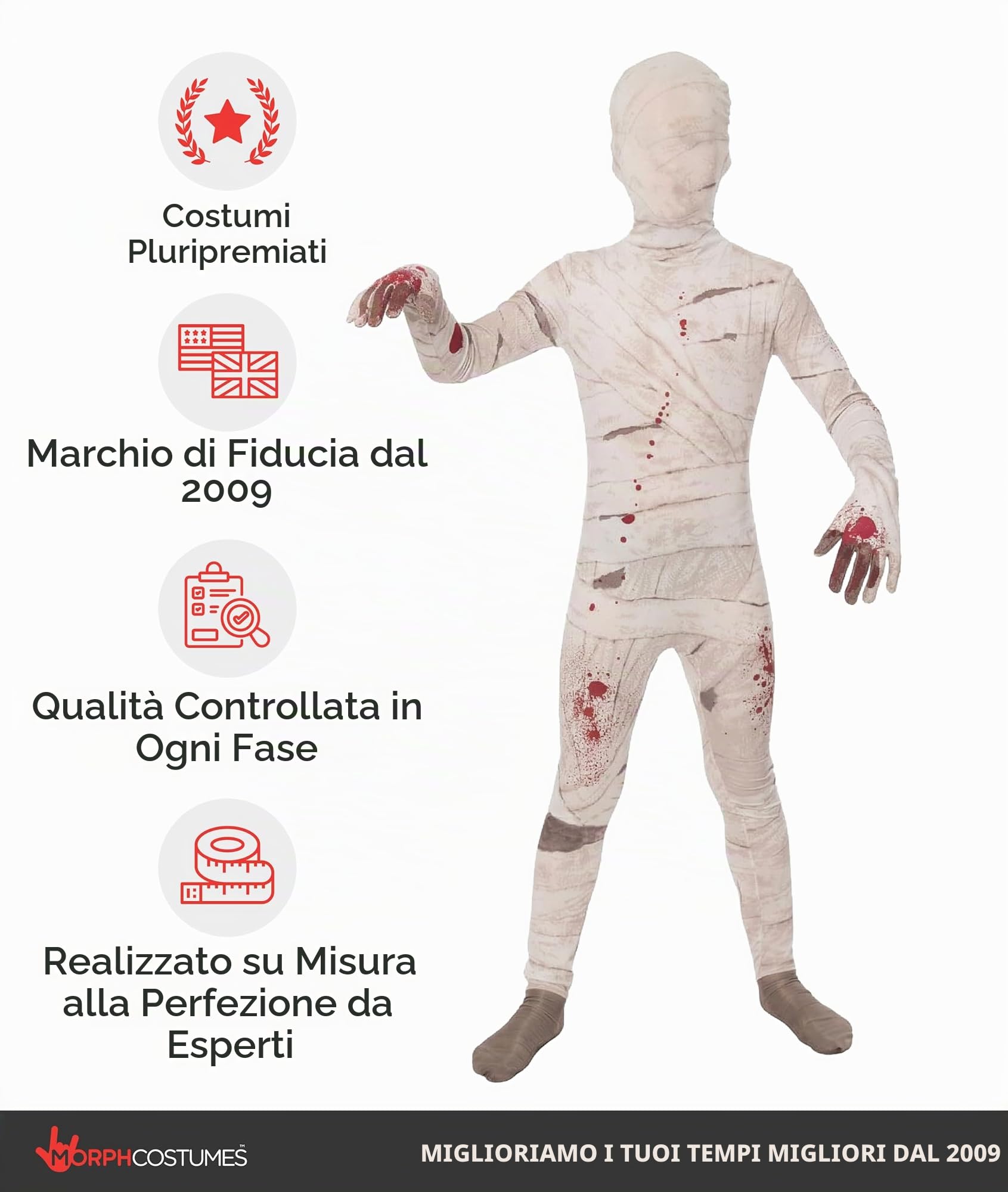 Moprhsuits - Costume mummia bambino, mummia bambino, mummia da bambino, costume da mummia per bambini, costume da mummia per bambini, travestimento di Halloween mummia, costume da bambino, taglia S, | Maglia, Pantaloni & Cappuccio, Stampa a Bende Bianche,