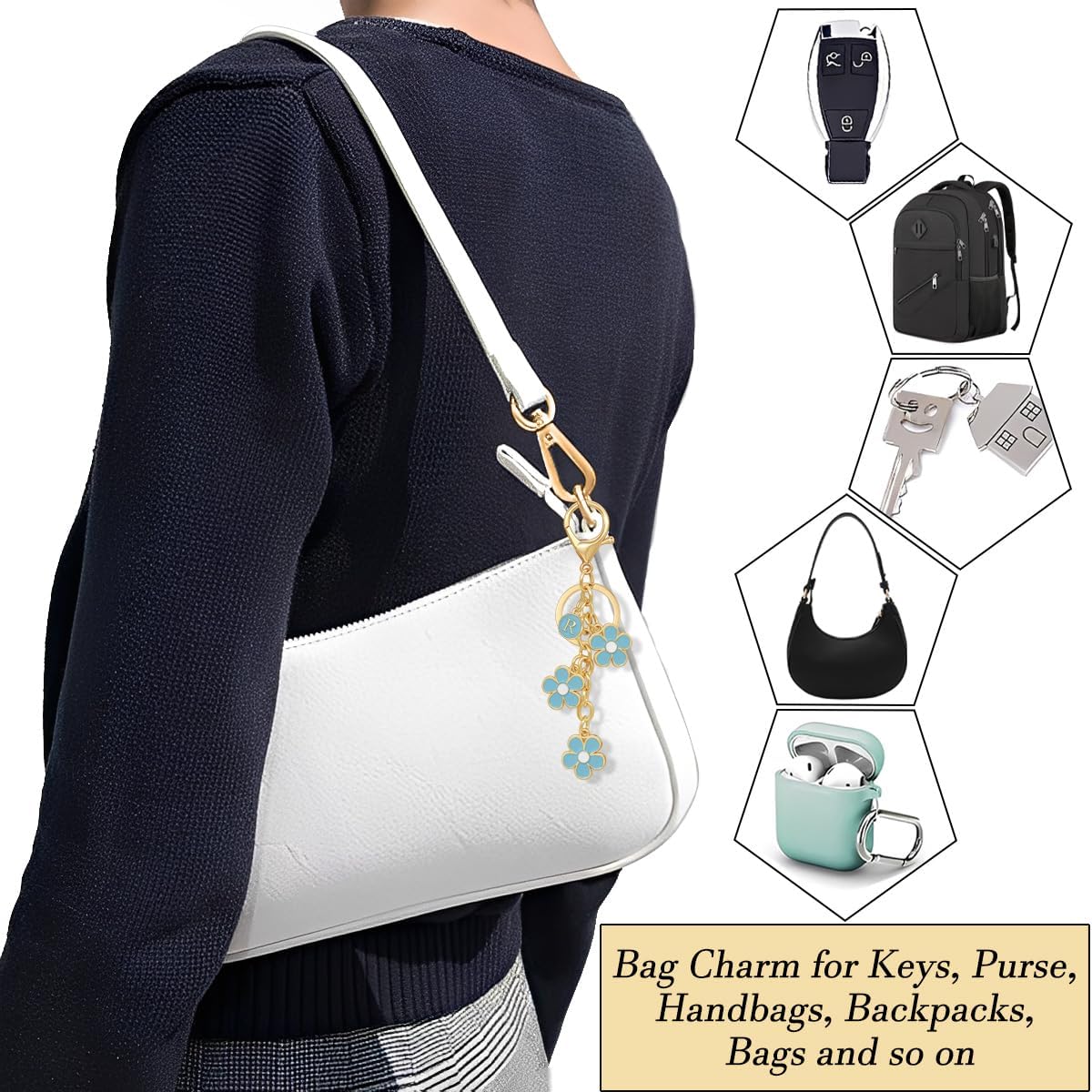 Double-sided Cute Initial Letter Flower Keychain for Women Cute Flower Charms for key Bag Charms for Handbag Backpack - Image 6