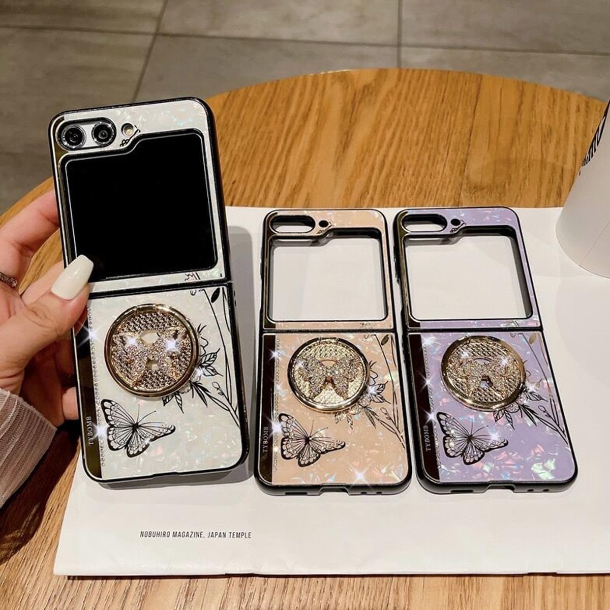Changjia for Samsung Galaxy Z Flip 7 Kickstand Case,Cute Glitter Bling Rhinestone Diamond Butterfly with Ring Stand Marble Mirror Elegant Shockproof Women Girls Phone Case for Galaxy Z Flip 7 5G, Gold image 4