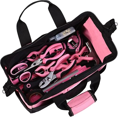 Vista 6 de Bolsa de herramientas rosa para mujer con doble cremallera de 13 pulgadas de ancho de boca, bolsa de herramientas con 8 bolsillos exteriores y 2