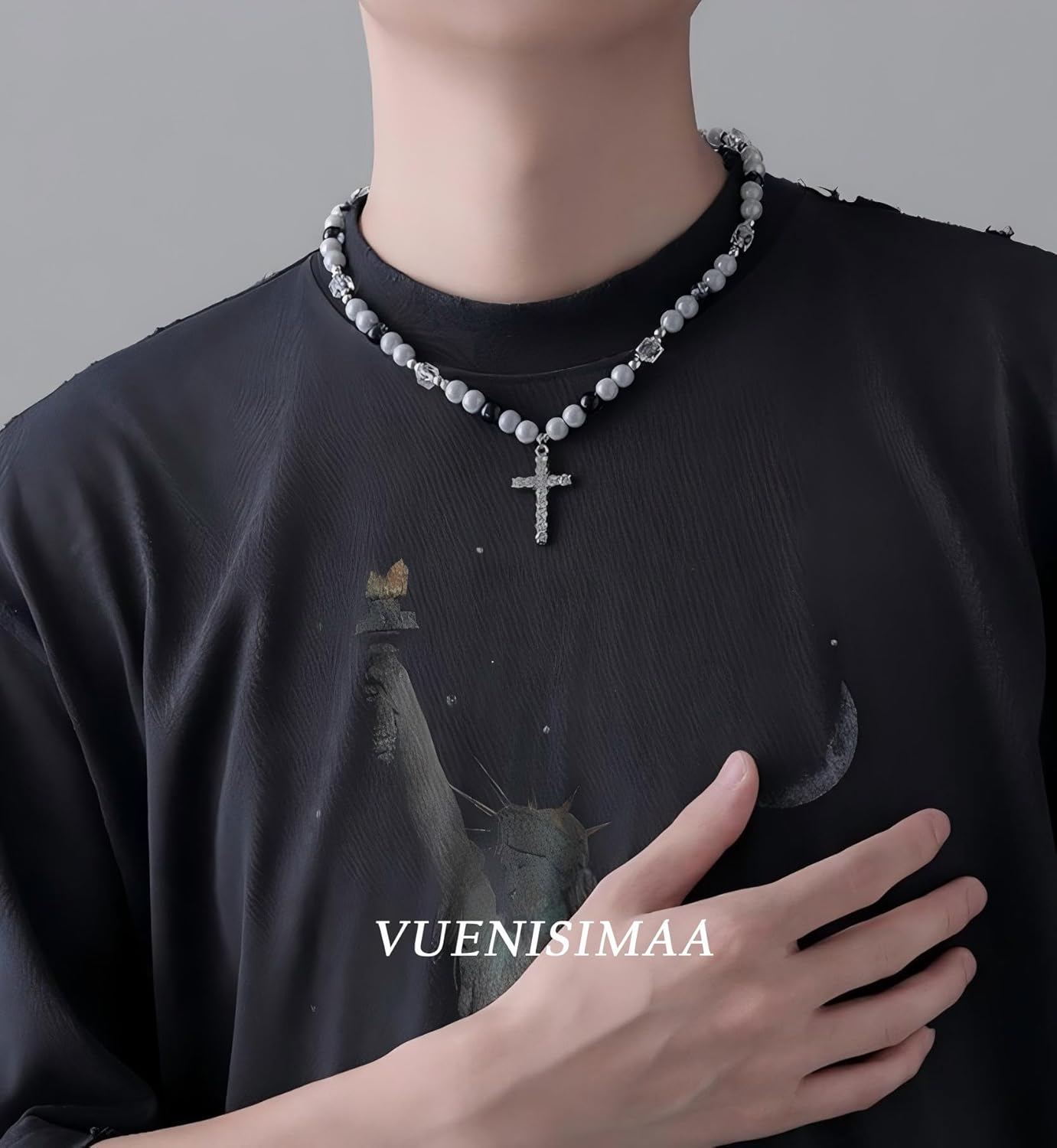 Cross Pearl Necklace for Men Stainless Steel Necklace 10mm Double Layered Cuban Link Fashion Jewelry Baptism Gifts for Him