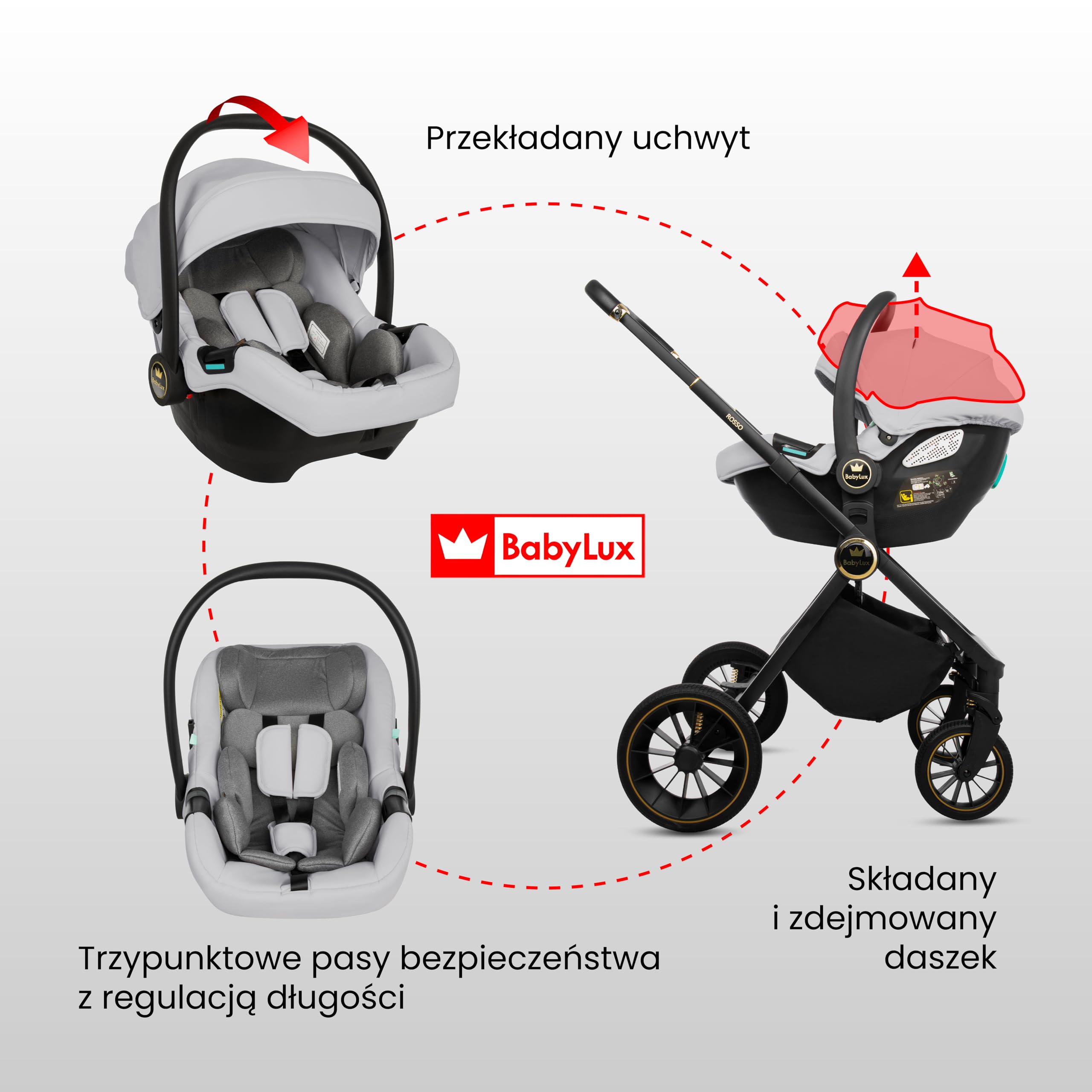 BabyLux Wielofunkcyjny Wózek Dziecięcy 3w1 ROSSO Gondola, Spacerówka, Fotelik Samochodowy z Akcesoriami, Lekki i Kompaktowy, Składana Aluminiowa Konstrukcja Stelaża, Regulowane oparcie, Żelowe Koła