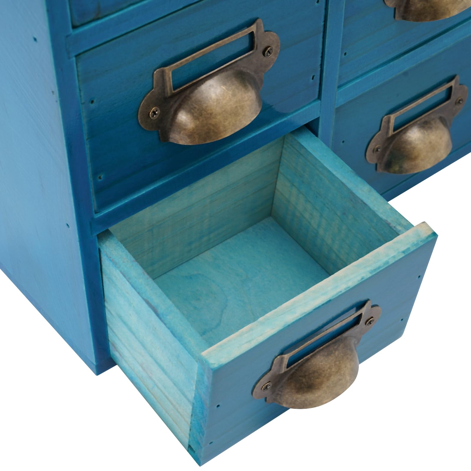 16-Fächer Aufbewahrungsschrank aus Massivholz & Metall | 10kg Tragkraft, 35cm Höhe, Platzsparend | Vintage Design mit Griffen, Keine Montage | für Büro/Zuhause (Blau)