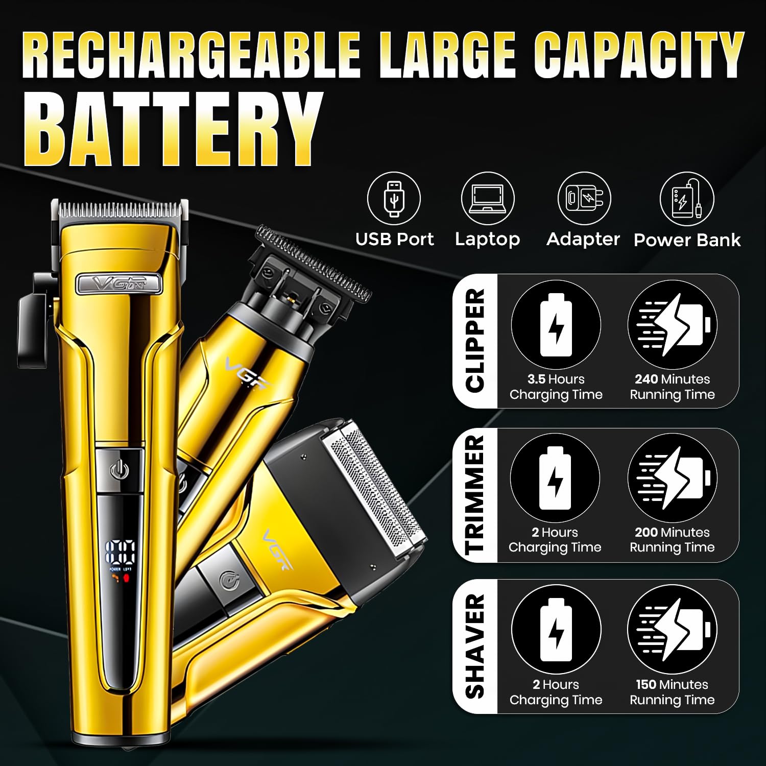 Diagram showing charging times and battery runtimes for the VGR V-694 clipper, trimmer, and shaver.