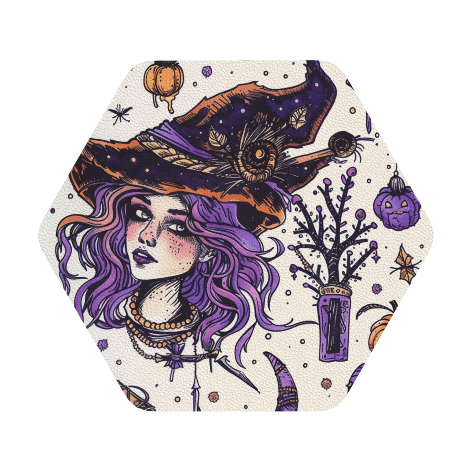 Magic Witch Witchcraft Bohemian Drawing Print Leather Coaster Set of 6, Hexagon Coasters Table Decorative Coffee Cup Beverage Coasters Wine Beer Bar Coasters for Hot Drinks Table Protection