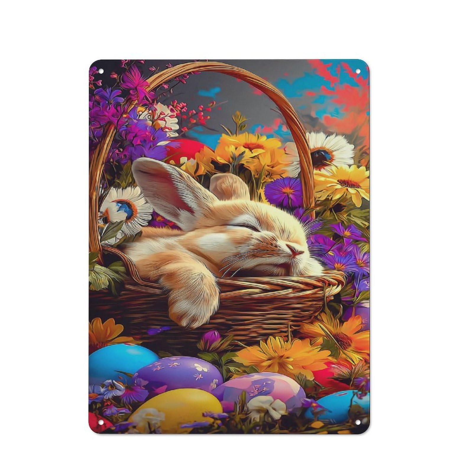 Junmoney Sleeping Bunny Basket With Flowers Industrial Tin Sign 40X30cm, Garage Wall Decor For Garage, Hobby Room, Office Or Man Cave