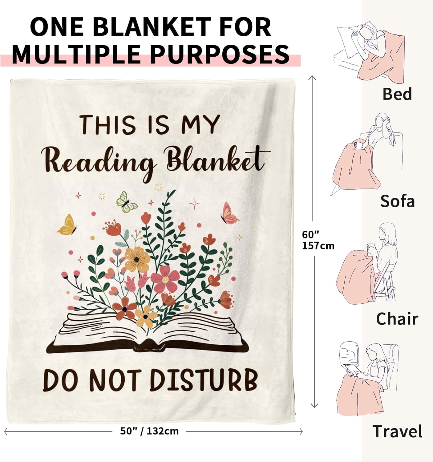 Book Lovers Gifts for Women Men, Flannel Soft Book Reading Blanket Decor, Reader Gifts for Birthday, Reading Accessories, Bookish Bookworm Gift - 50'' x 60'' - Image 3
