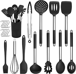 Herogo Juego de utensilios de cocina de silicona, 22 piezas, color negro, utensilios de cocina con soporte para utensilios, utensilios de cocina resistentes al calor con mango de acero inoxidable